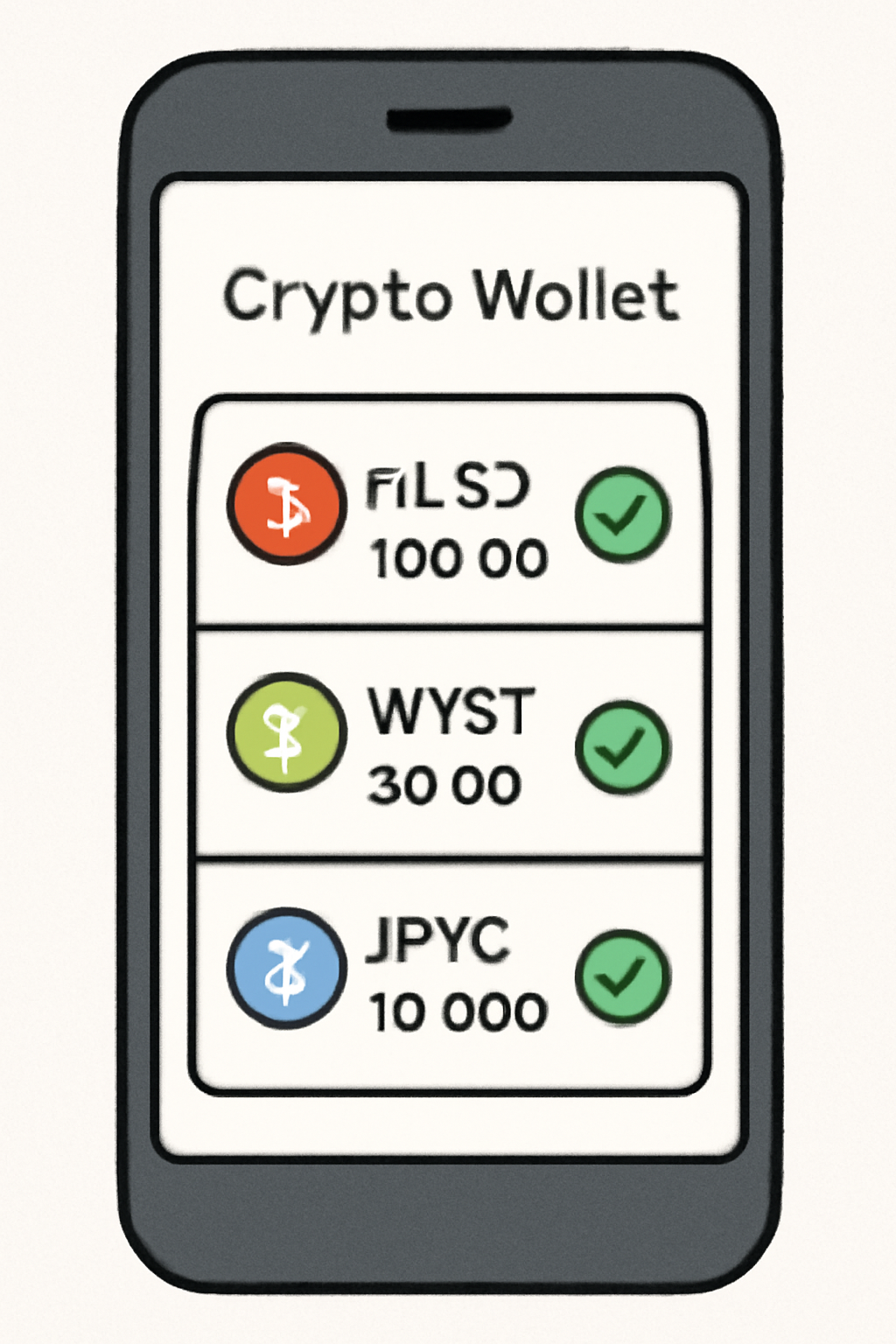 A smartphone screen showing a crypto wallet with mUSD, WYST, and JPYC balances, with check marks