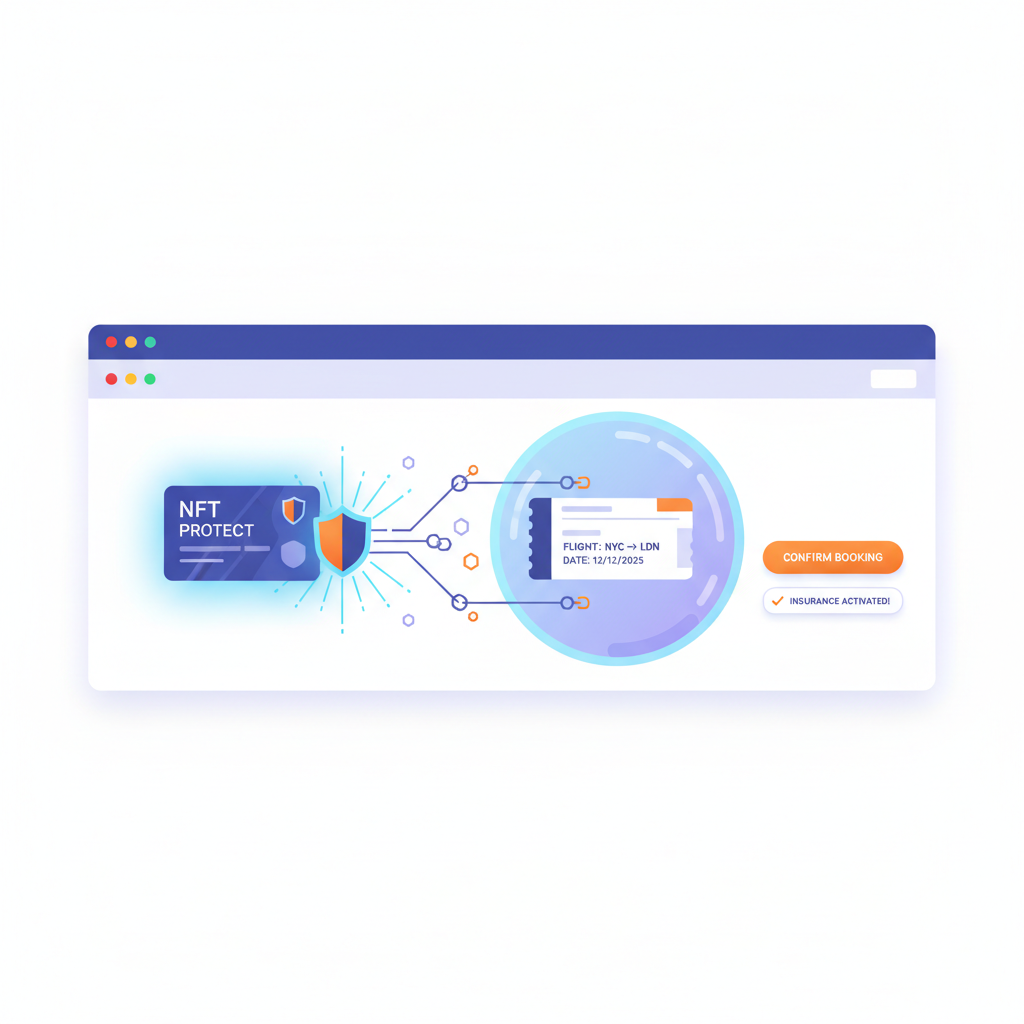 NFT insurance card activating on travel booking page, glowing shield icon with blockchain links, futuristic protection aura around flight ticket