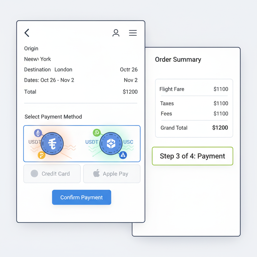 checkout screen highlighting USDT and USDC buttons on travel booking platform, stablecoin icons pulsing with multi-chain logos, digital currency flow