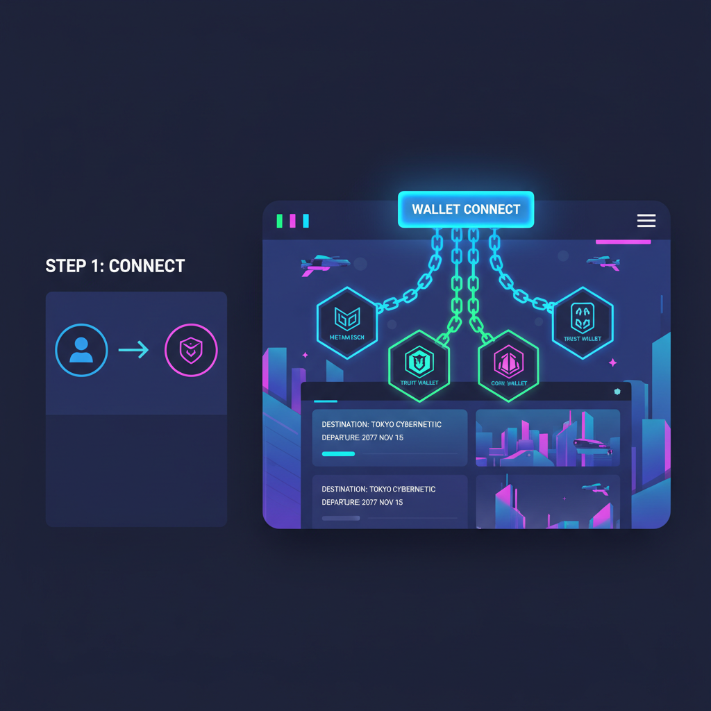 sleek futuristic travel booking website with glowing wallet connect button, neon blockchain chains linking to crypto wallet, cyberpunk style