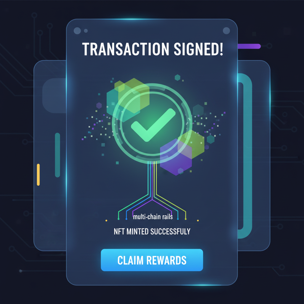 final confirmation screen with signed transaction animation, multi-chain rails converging, success checkmark with NFT minting effects, high-tech UI