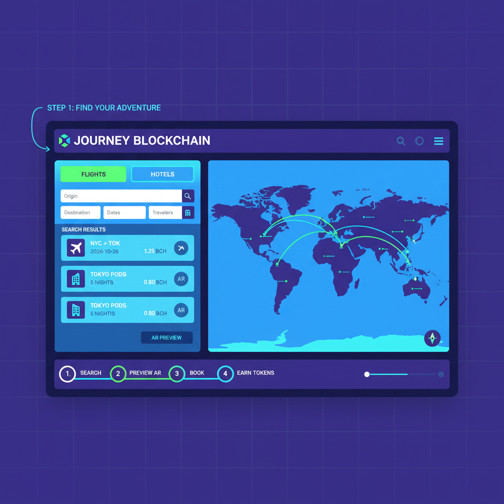 vibrant search interface on blockchain travel site showing flights and hotels with AR previews, global map with glowing routes, 2026 tech aesthetic