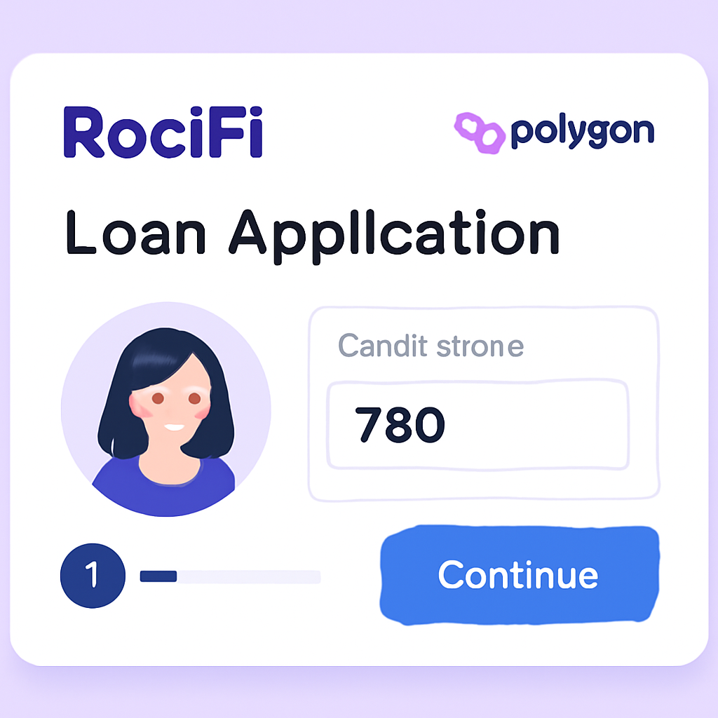 RociFi DeFi app interface for loan application on Polygon, credit score input form