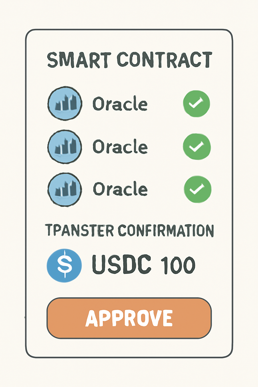 smart contract approval screen with oracle verification icons, USDC transfer confirmation