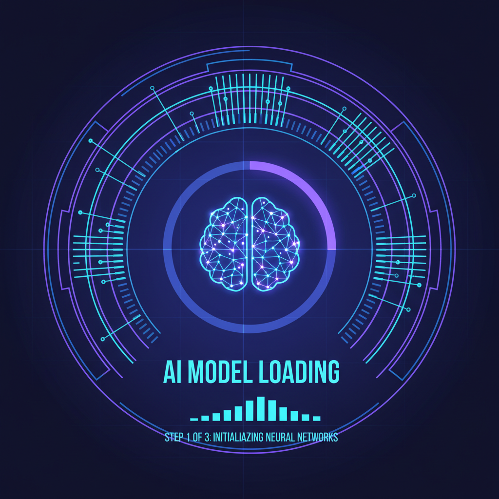 neon glowing AI model loading screen, futuristic circuit board, vibrant blues and purples