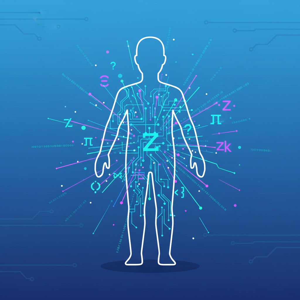 model transforming into glowing arithmetic circuit, zk symbols exploding, cyber energy
