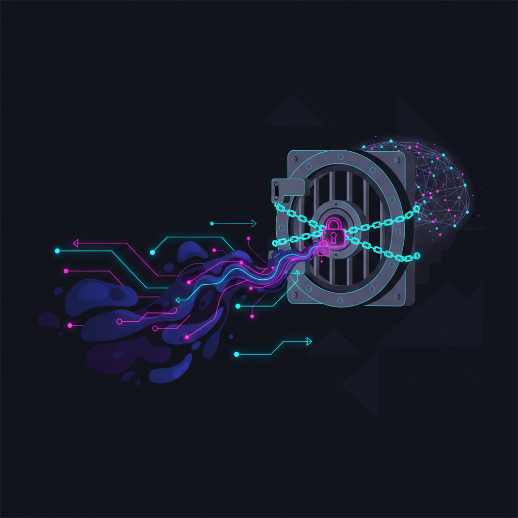 shadowy private data flowing through AI neural net, locked vault aesthetic, dark neon