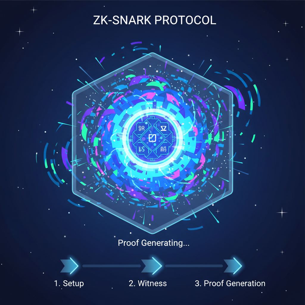 ZK-SNARK proof generating like a supernova, cryptographic sparks, high-tech explosion