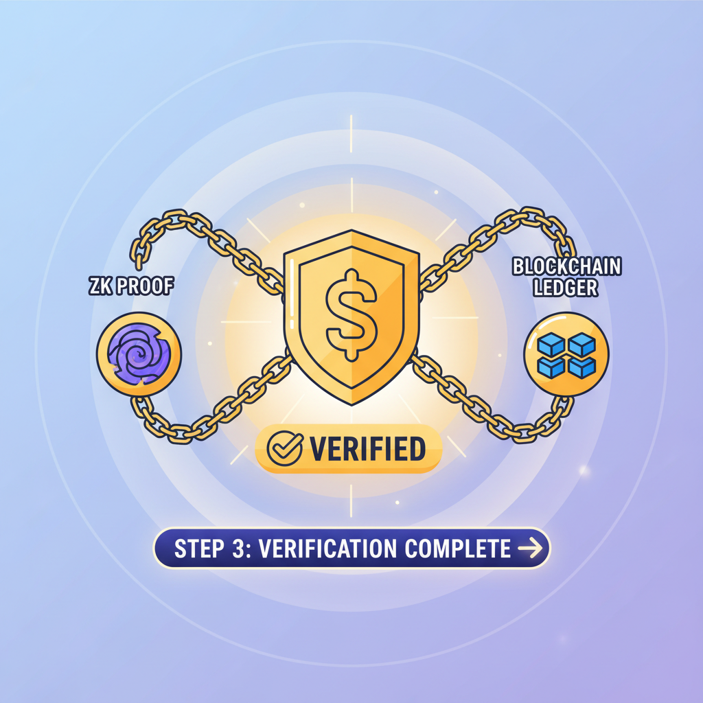 smart contract verifying zk proof on blockchain, golden chains linking, triumphant glow