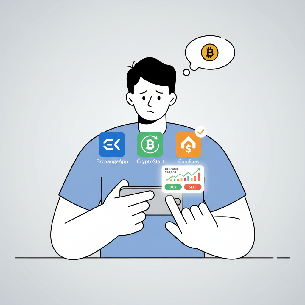 beginner selecting crypto exchange app on phone, clean interface, Bitcoin price chart at $70K, modern UI, realistic