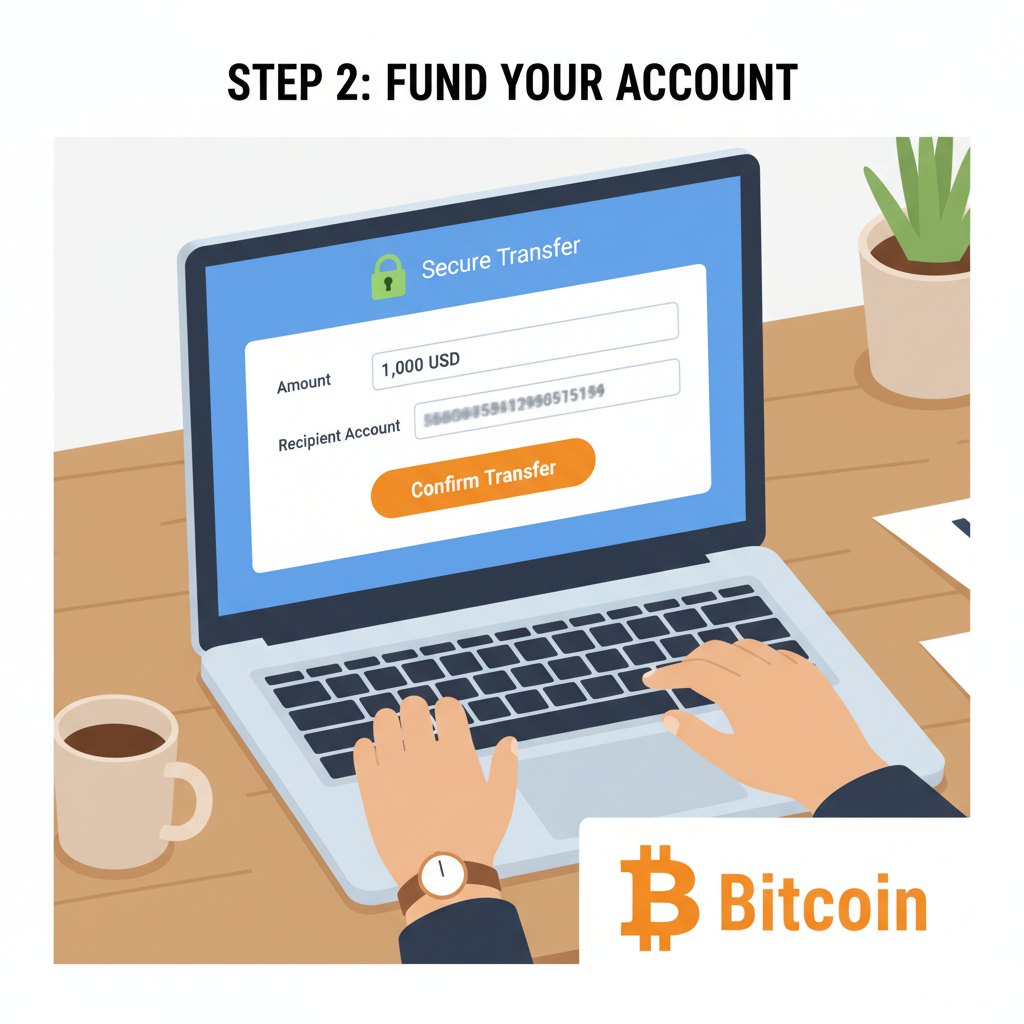 user funding crypto account on laptop, bank transfer screen, secure padlock icon, Bitcoin symbol, professional realistic