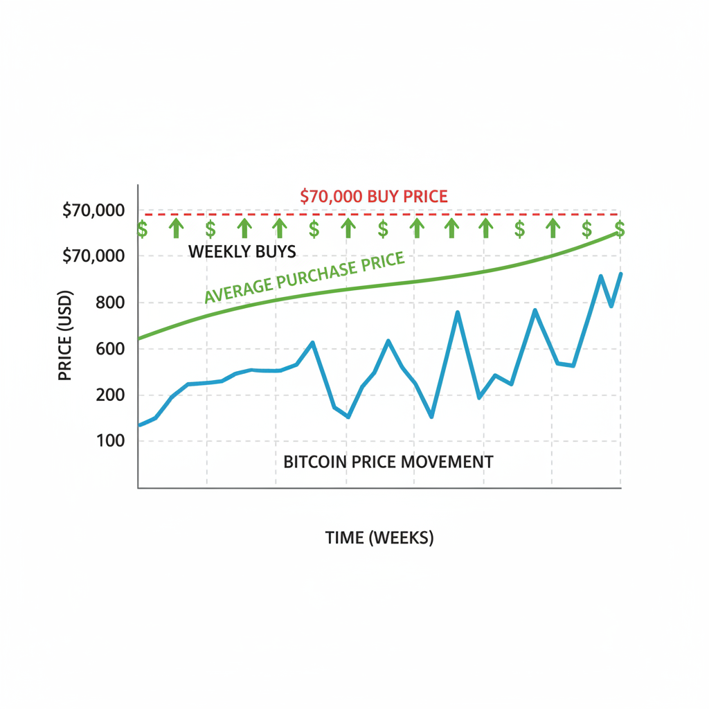 DCA chart showing weekly Bitcoin buys at $70K price, upward averaging line, green arrows, simple graph illustration realistic