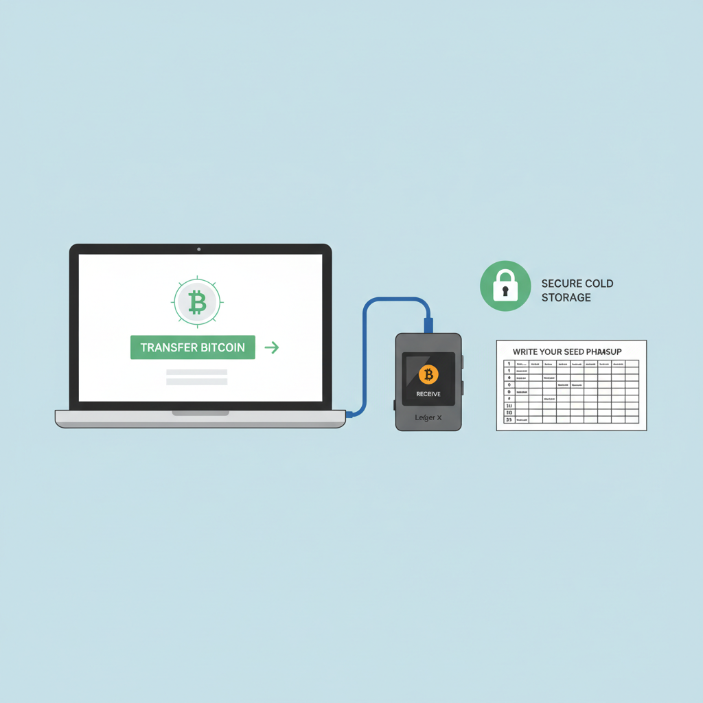 transferring Bitcoin to Ledger hardware wallet, USB connected to computer, seed phrase backup, secure cold storage realistic