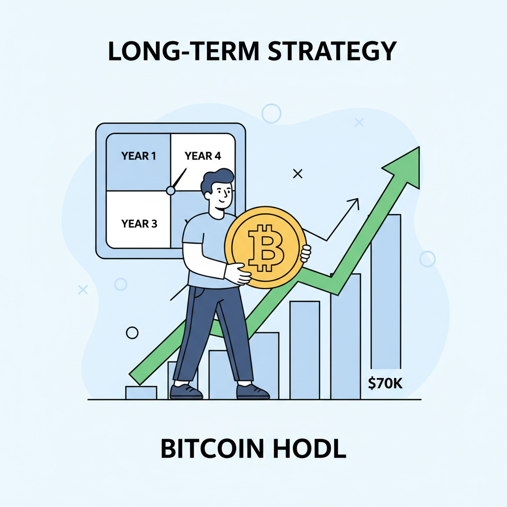 person HODLing Bitcoin long-term, 4-year calendar clock, rising chart from $70K, confident strategy pose realistic
