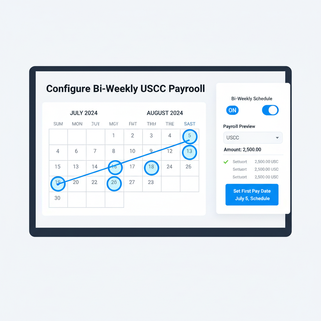calendar interface configuring bi-weekly USDC payroll schedules