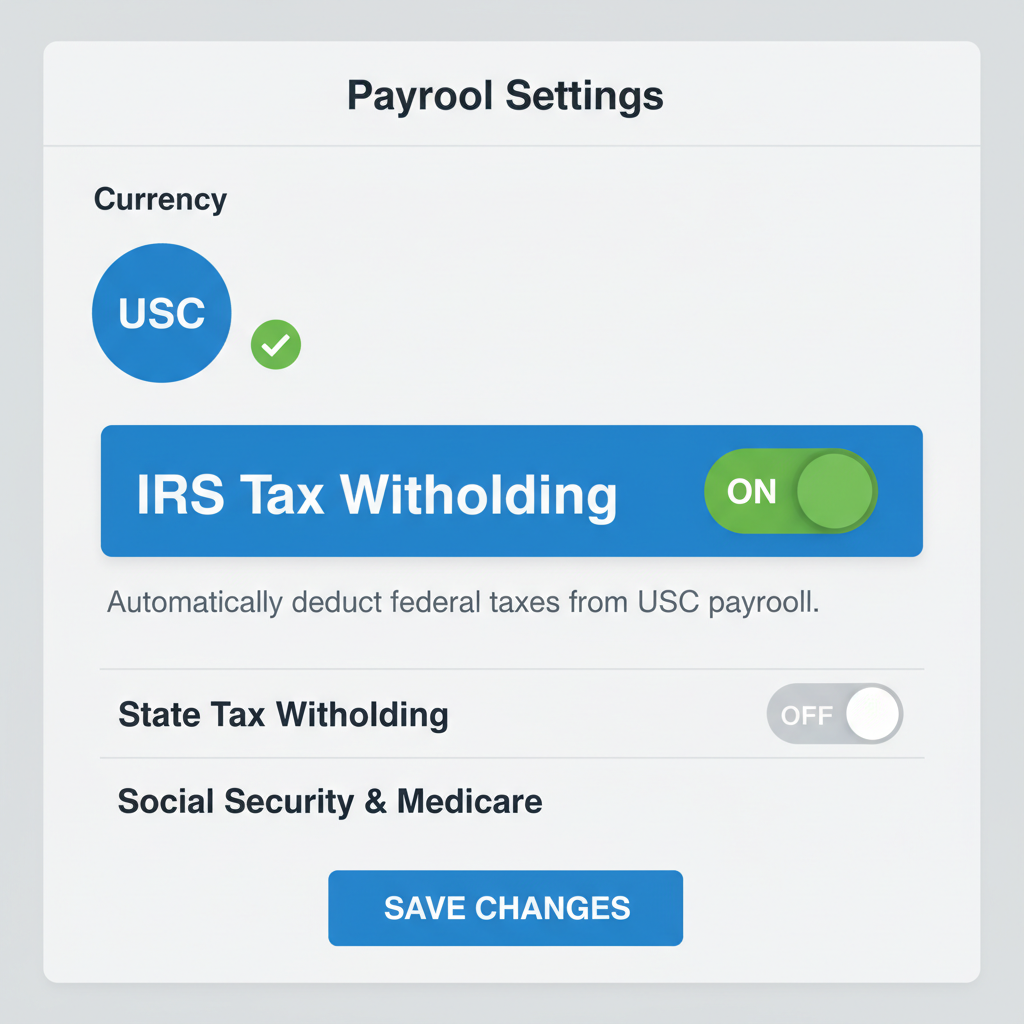settings panel toggling on IRS tax withholding for USDC payroll