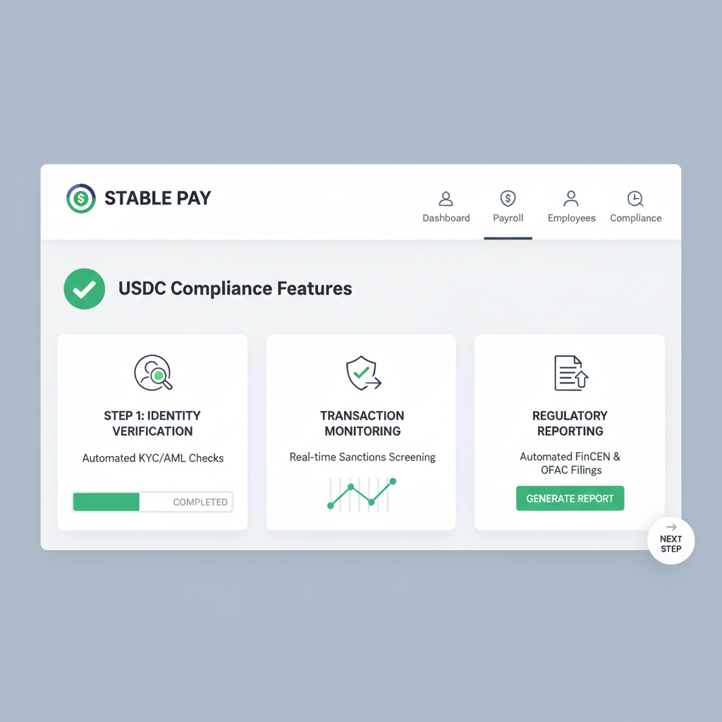 professional dashboard of stablecoin payroll platform showing USDC compliance features