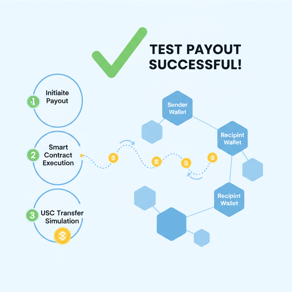 test payout simulation on blockchain with checkmarks and USDC icons