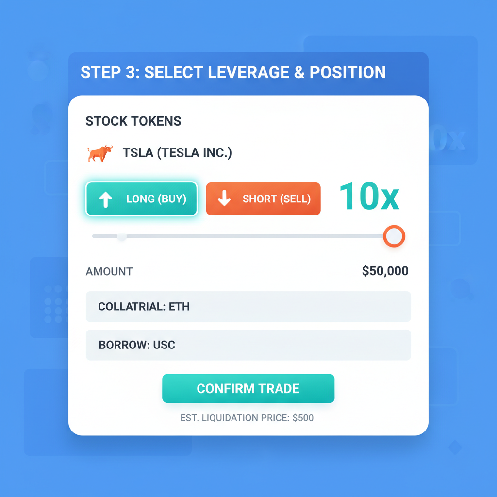 DeFi leverage trading UI selecting 10x long on stock token, sliders and buttons, high-tech display