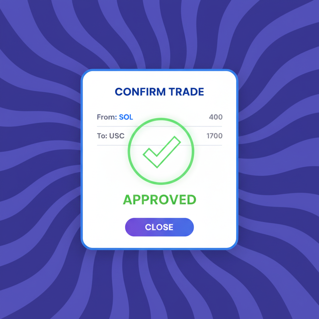 wallet approval popup for on-chain trade confirmation, Solana network animation, success checkmark