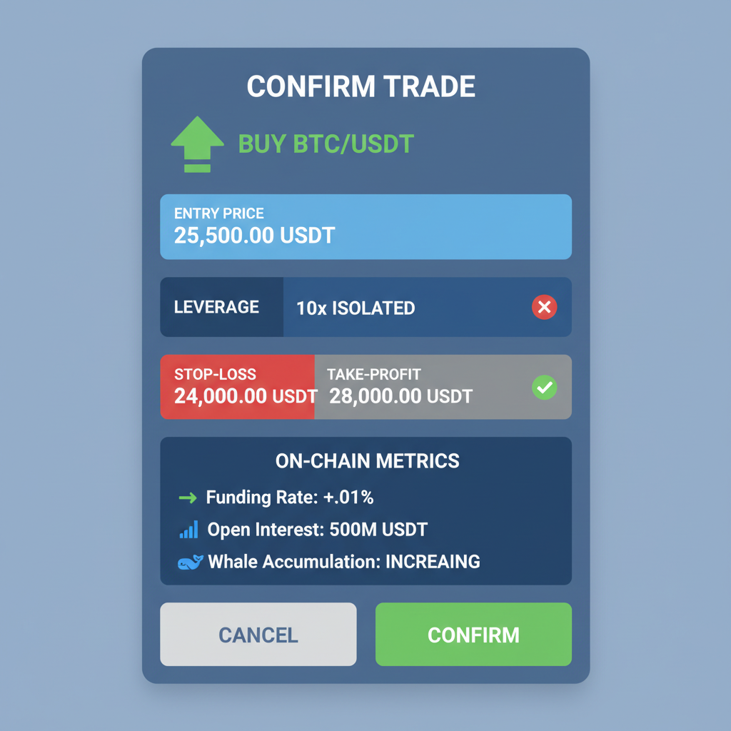 trade confirmation screen with entry price, leverage, stop-loss details, on-chain metrics