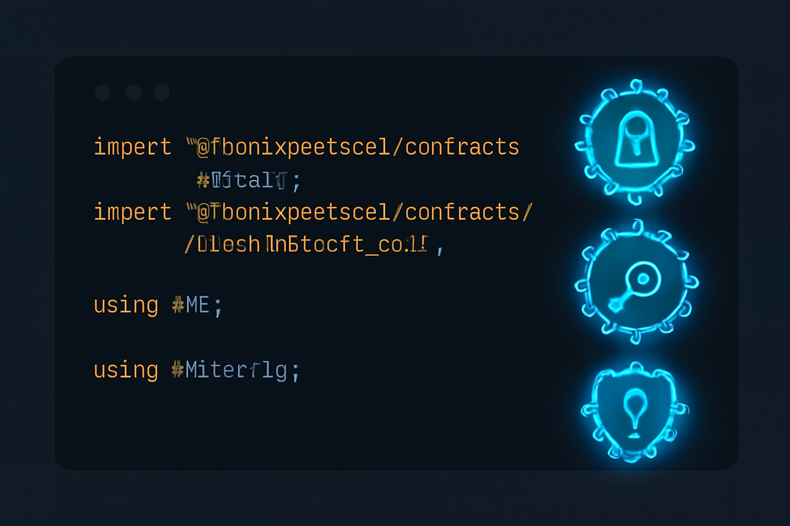 Solidity code importing FHEVM library and config, glowing blue encryption symbols, dark code editor background