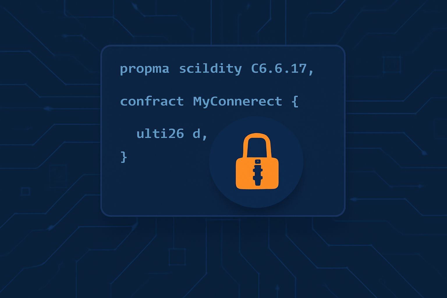Solidity contract declaring euint32 variable, padlock icon over uint32, futuristic blockchain theme