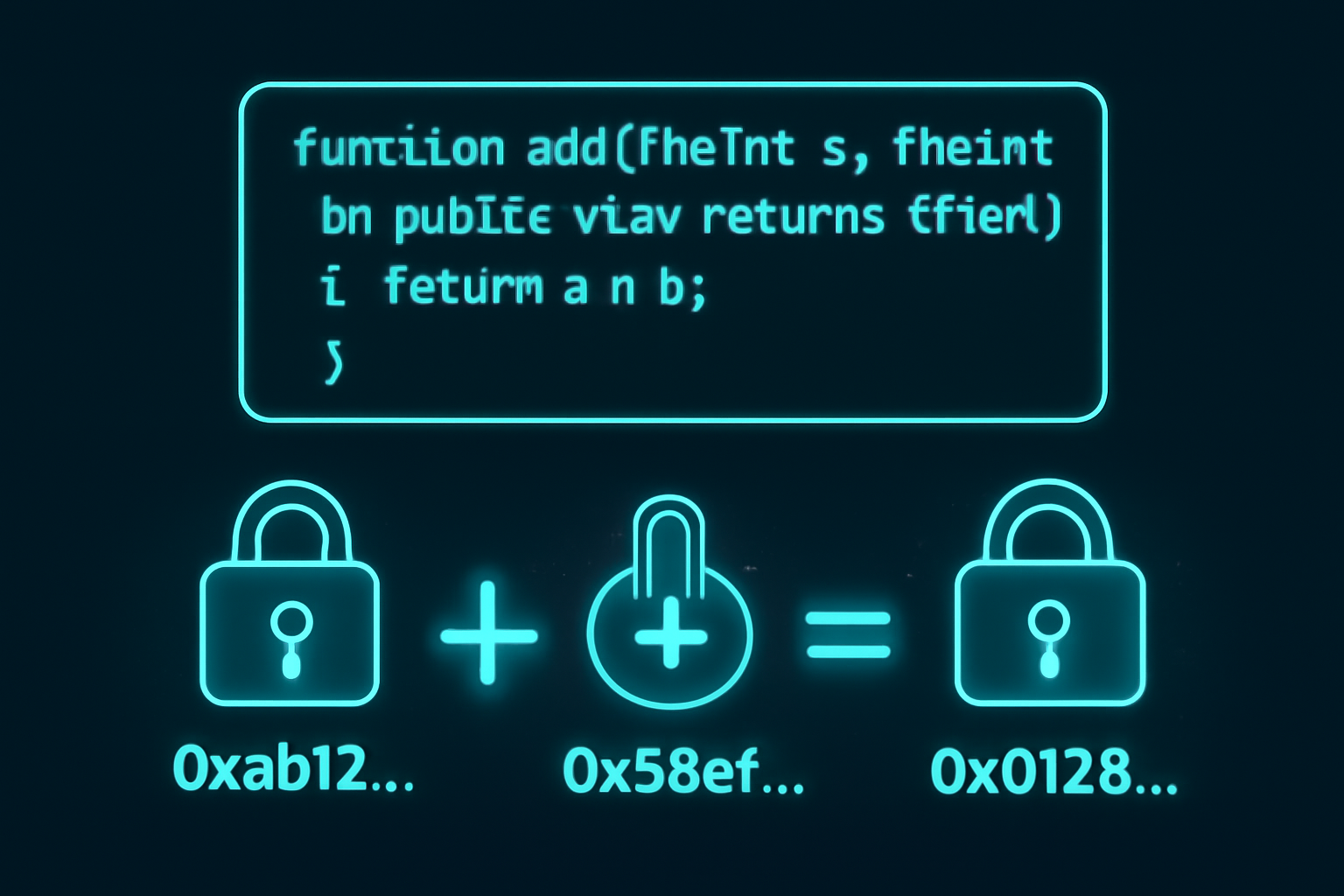 FHE add operation in Solidity code, encrypted numbers adding with glowing math symbols, cyber encryption aesthetic