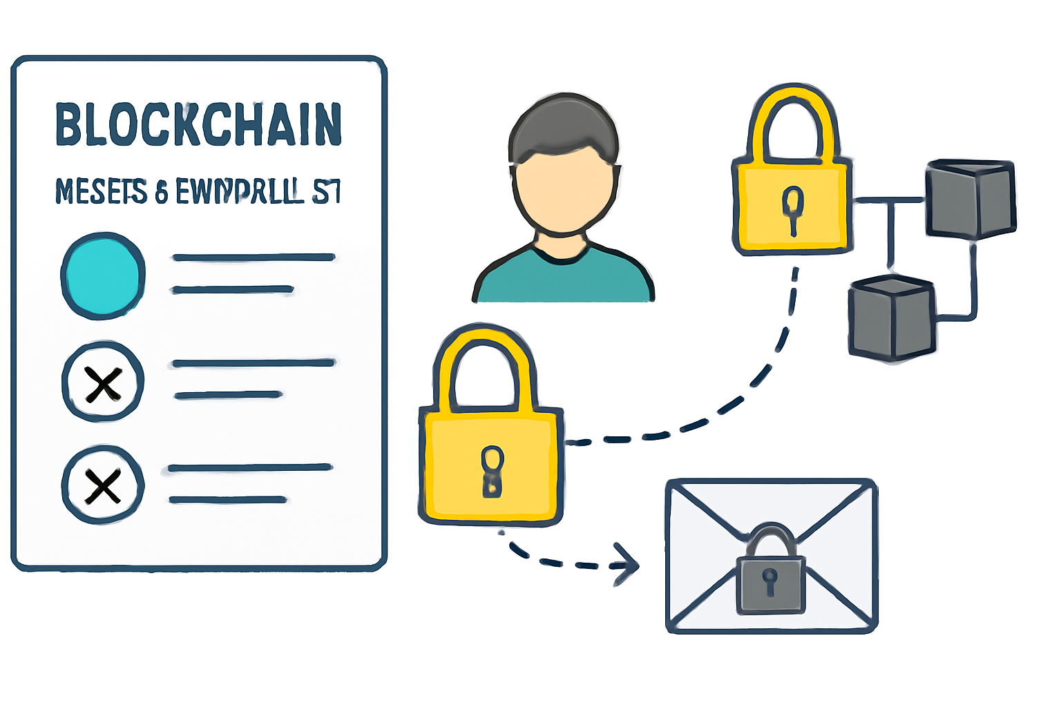 Blockchain access control list granting permissions, padlocks unlocking for authorized user, encrypted data flow