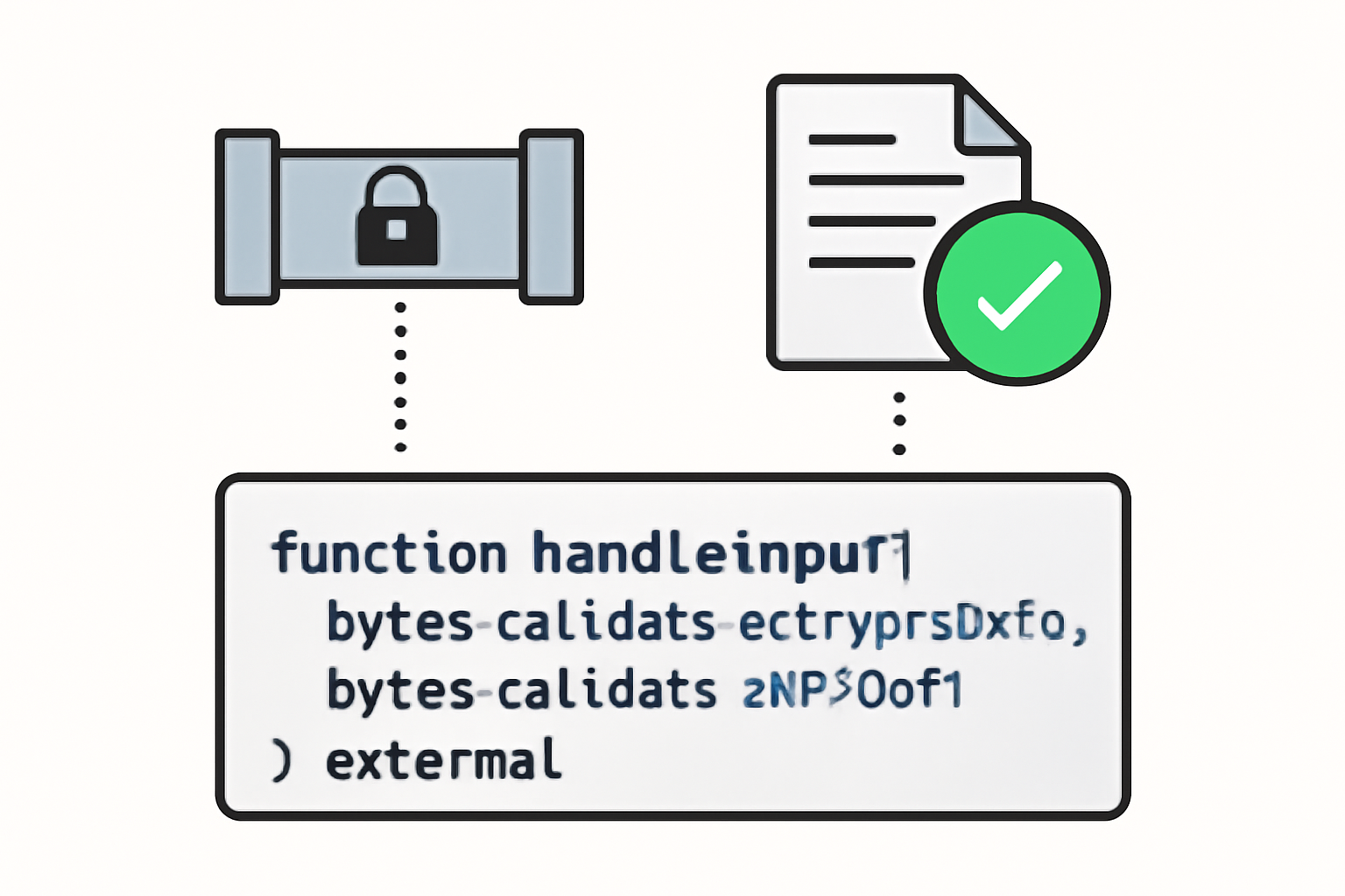 Solidity function handling external encrypted input with ZK proof verification, green checkmark on proof, secure input pipeline