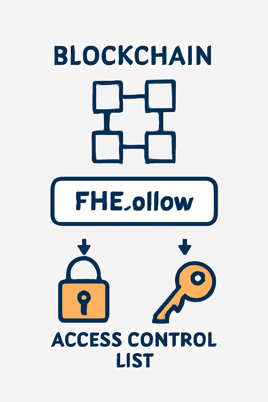 Blockchain access control list diagram with FHE.allow function, lock and key icons