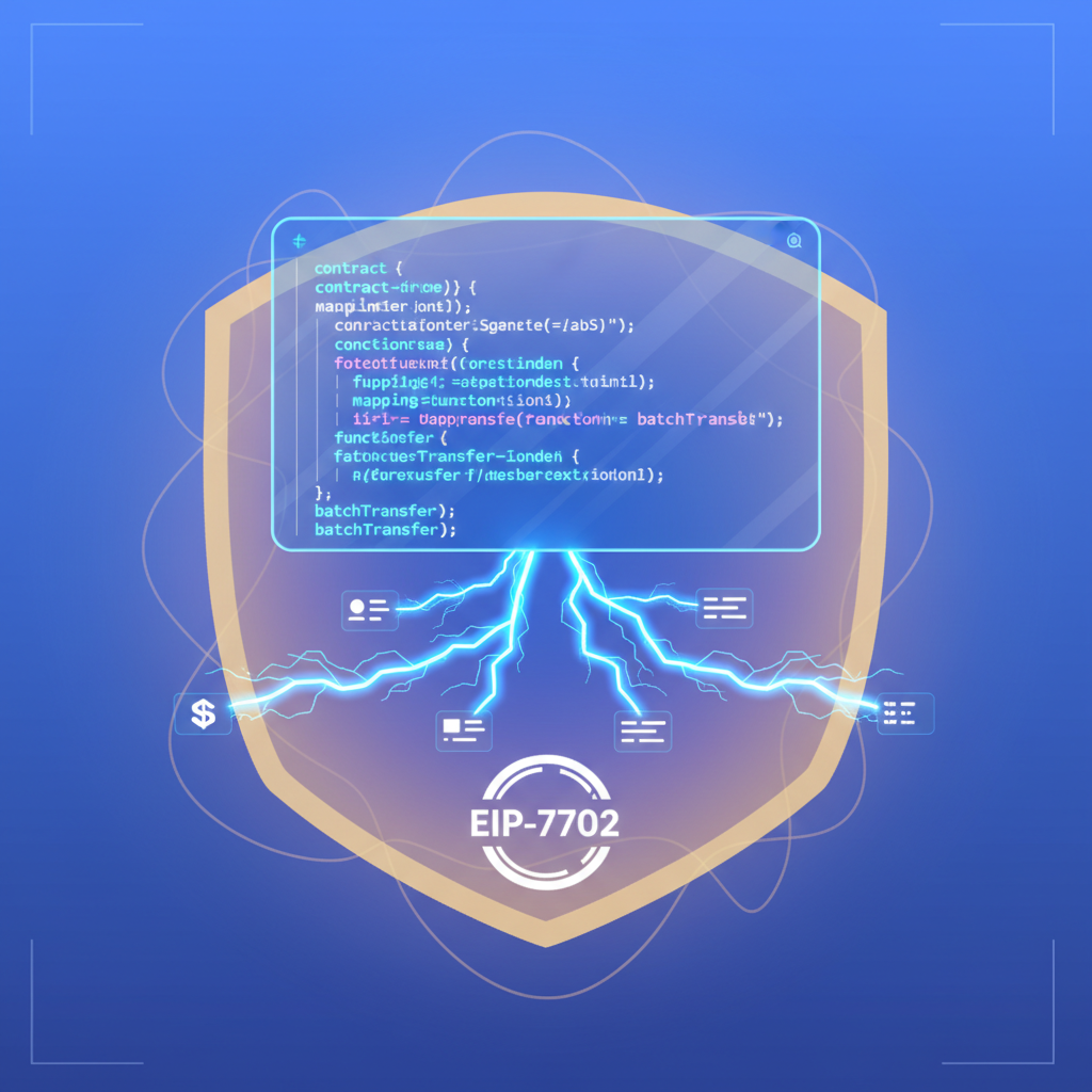 glowing Solidity code in holographic editor, batch transactions flowing like lightning, EIP-7702 aura