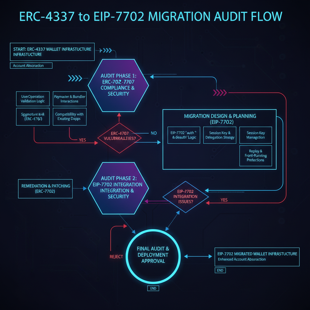 detailed flowchart auditing ERC-4337 wallet infrastructure to EIP-7702 migration, futuristic neon blues and purples, technical diagram style