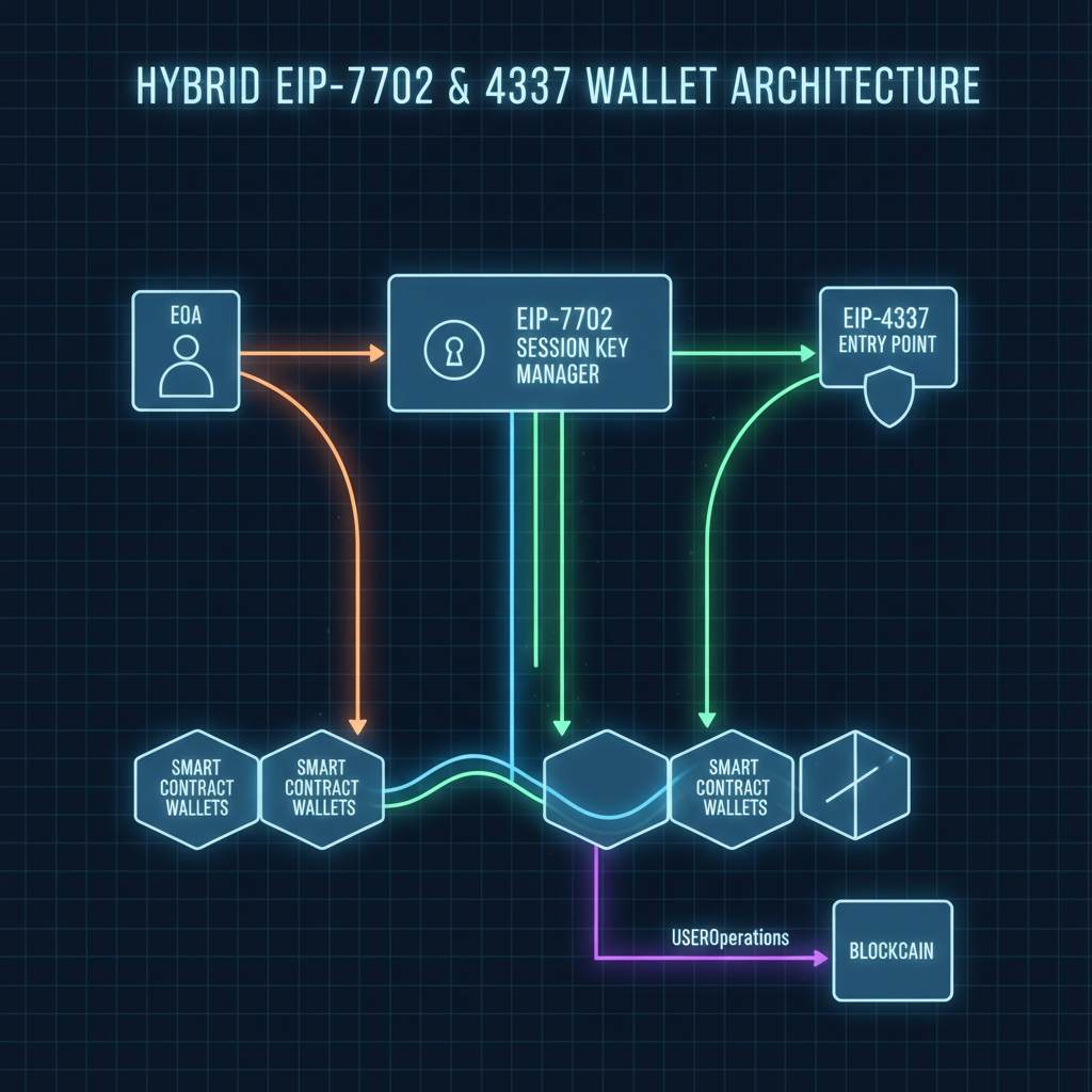 hybrid EIP-7702 and 4337 wallet architecture diagram, glowing bridges between EOA and smart contracts, sci-fi blueprint