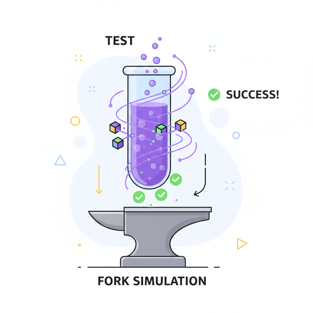 test tube with bubbling Ethereum smart contract code, anvil fork simulation, green success checks