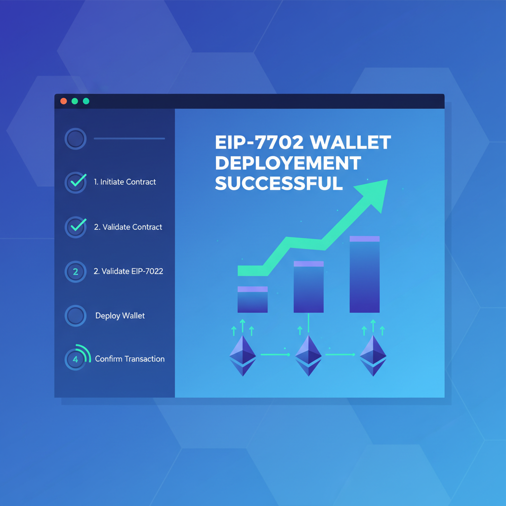 successful EIP-7702 wallet deployment dashboard, rising charts and ethereum nodes, triumphant futuristic interface