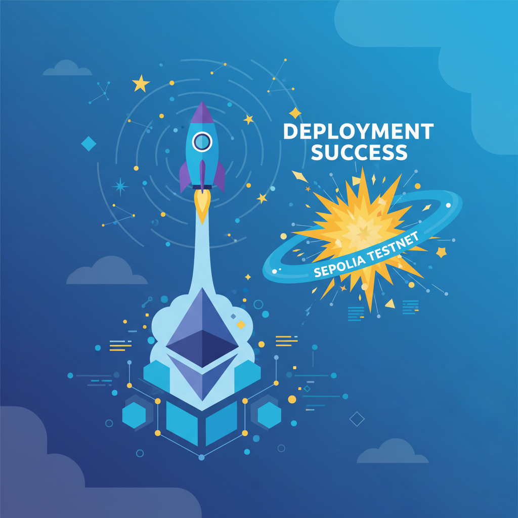 rocket launching from Ethereum blockchain to stars, Sepolia testnet orbit, deployment success explosion