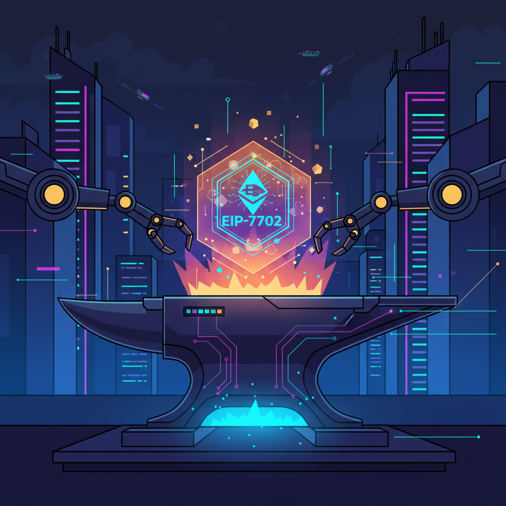 futuristic anvil forging glowing Ethereum block chain, neon blue forge, EIP-7702 emblem, cyberpunk style