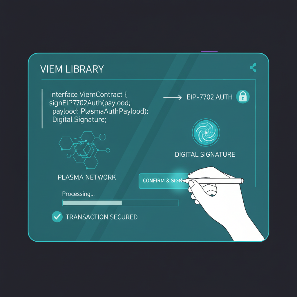 viem library interface signing EIP-7702 auth, digital signature plasma, futuristic terminal