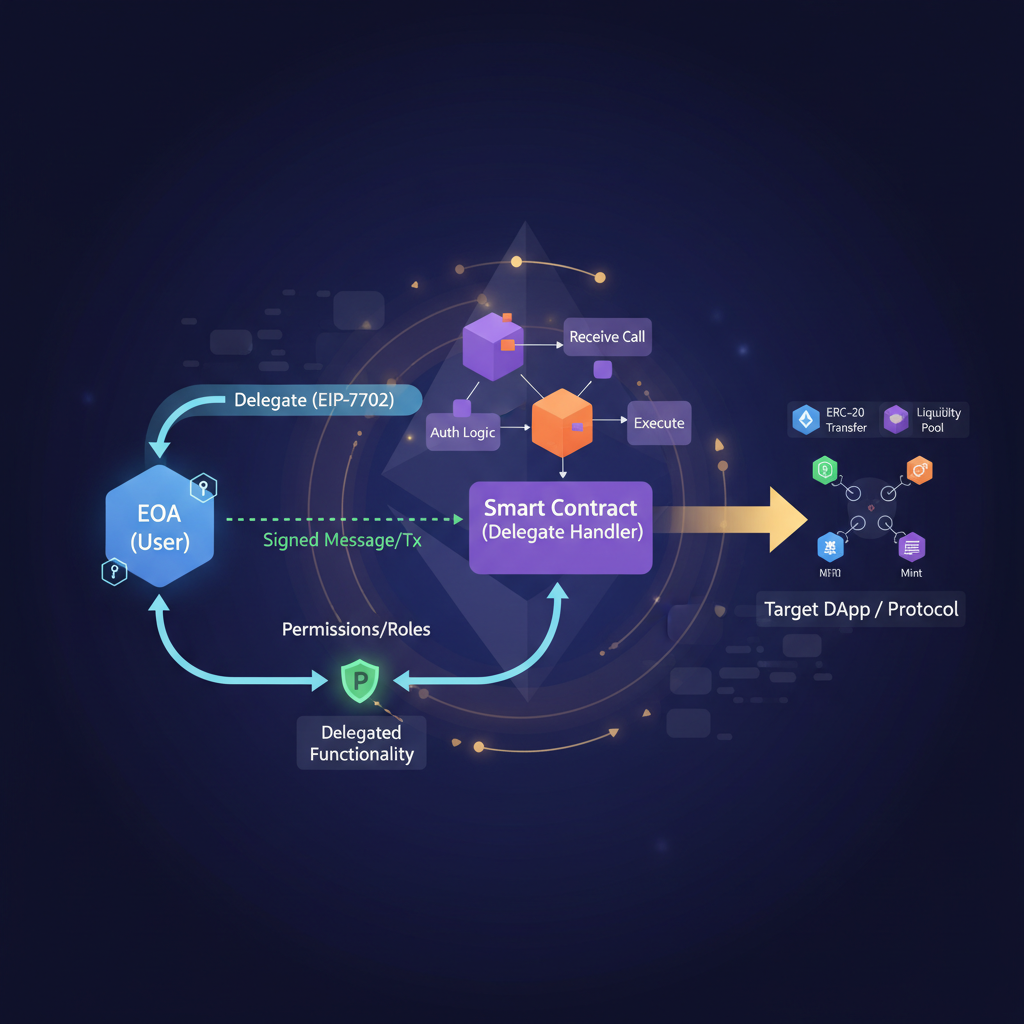 elegant diagram of EIP-7702 EOA delegation to smart contract, ethereum blockchain glow, visionary abstract art
