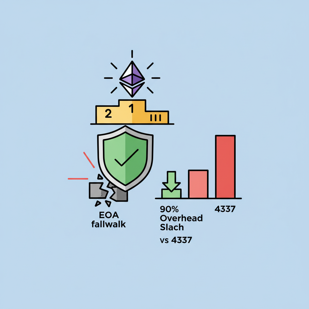 checkmark shield protecting EOA fallback, graph showing 90% overhead slash vs 4337, victory podium Ethereum
