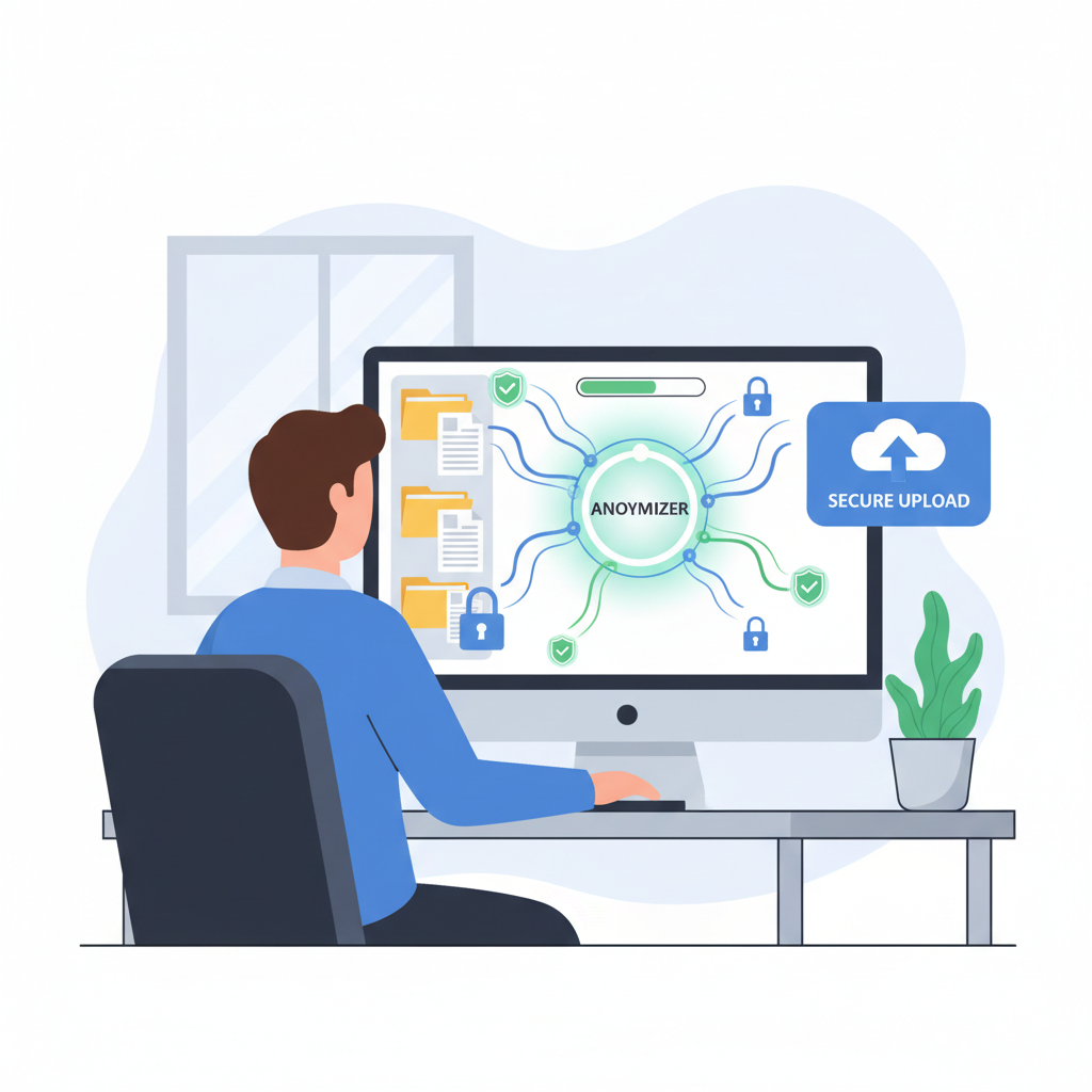 data professional anonymizing files on computer, locks and shields around data streams, secure upload interface