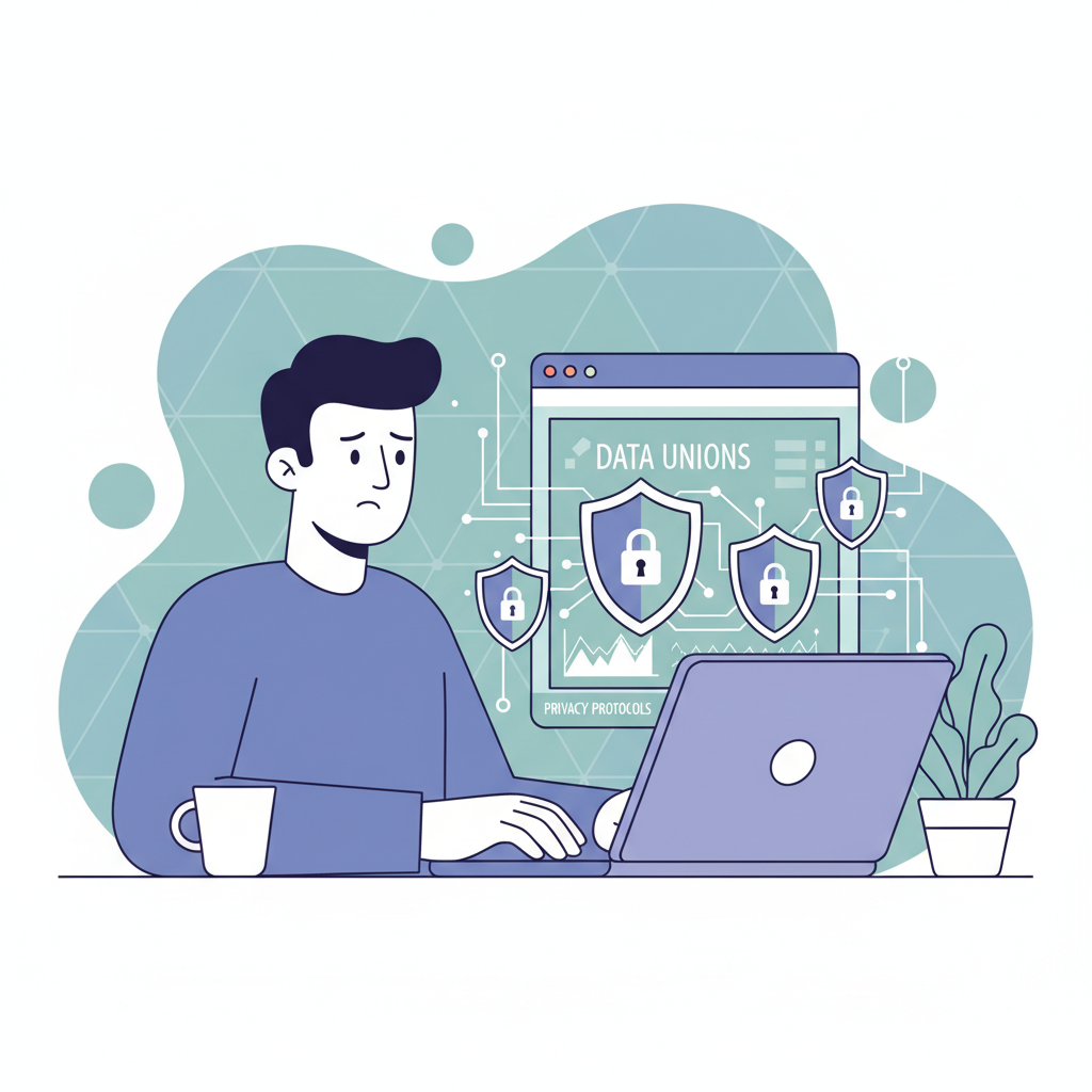 professional at desk researching data unions on laptop, privacy shields icons, futuristic interface, cautious expression