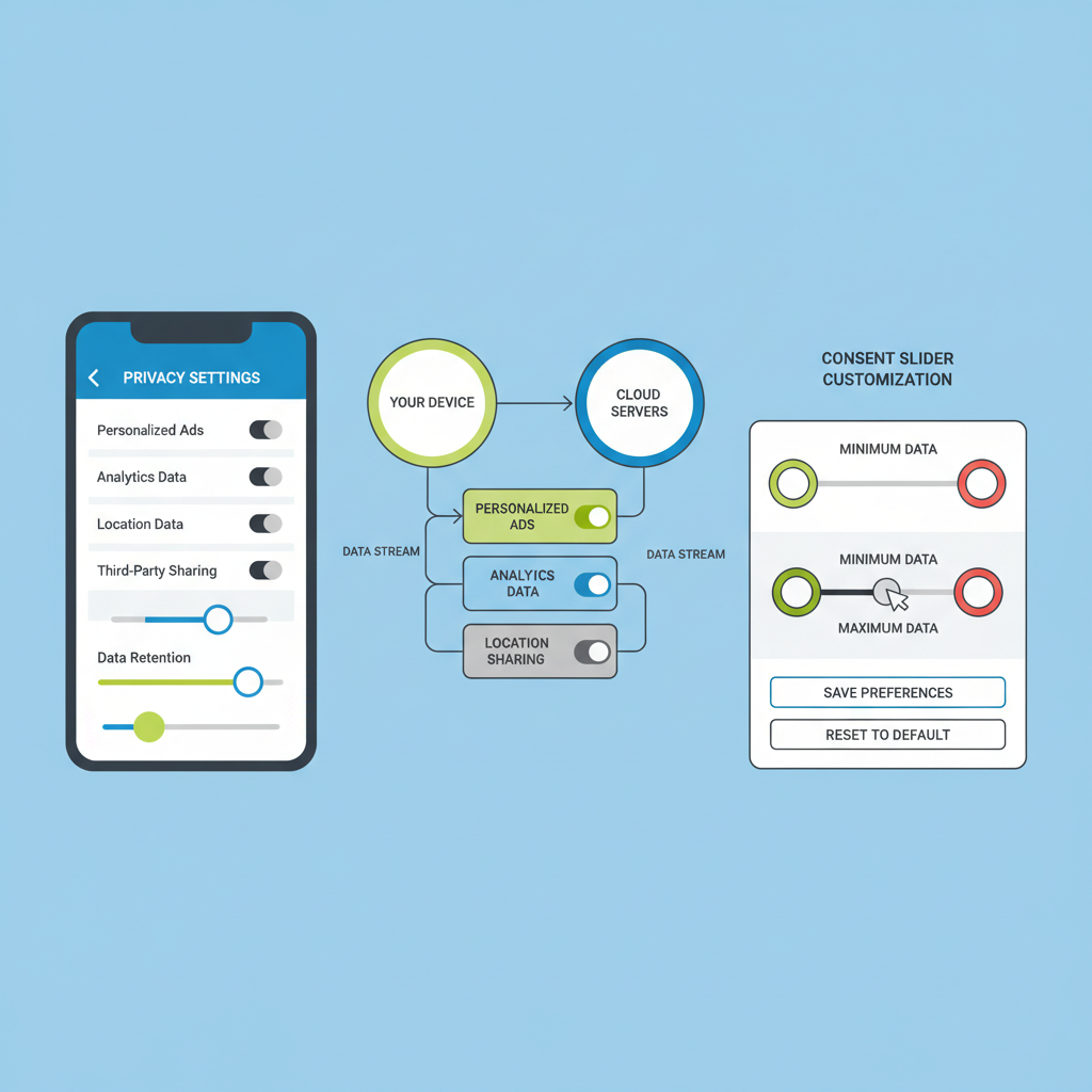 customizing consent sliders in app, privacy control panel, data flow diagrams with toggles