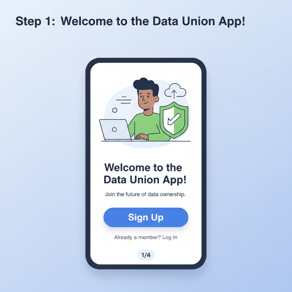 user signing up on data union app, secure wallet connection, professional dashboard, clean modern UI