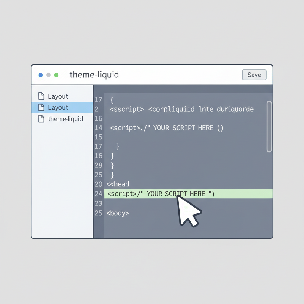 Shopify theme.liquid code editor screenshot, script tag inserted before </head>, clean UI” /></div>
<div class=