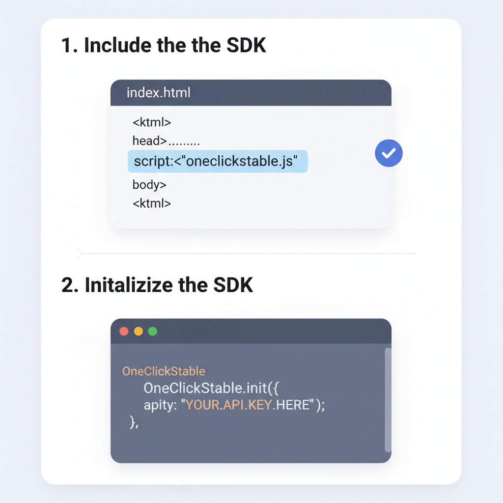 JavaScript code snippet initializing OneClickStable SDK with API key, syntax highlighted