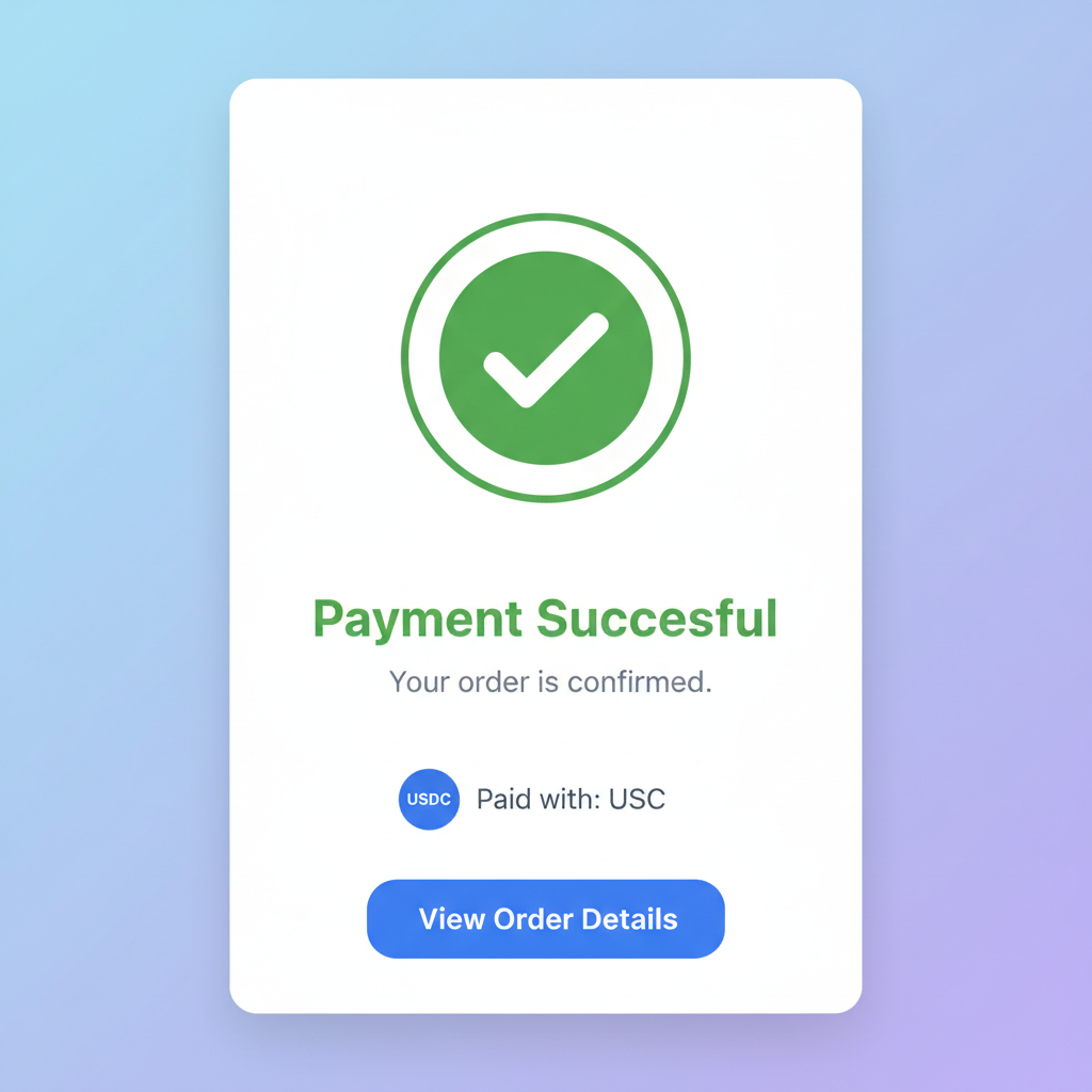 Shopify checkout flow testing USDC payment in sandbox, success screen