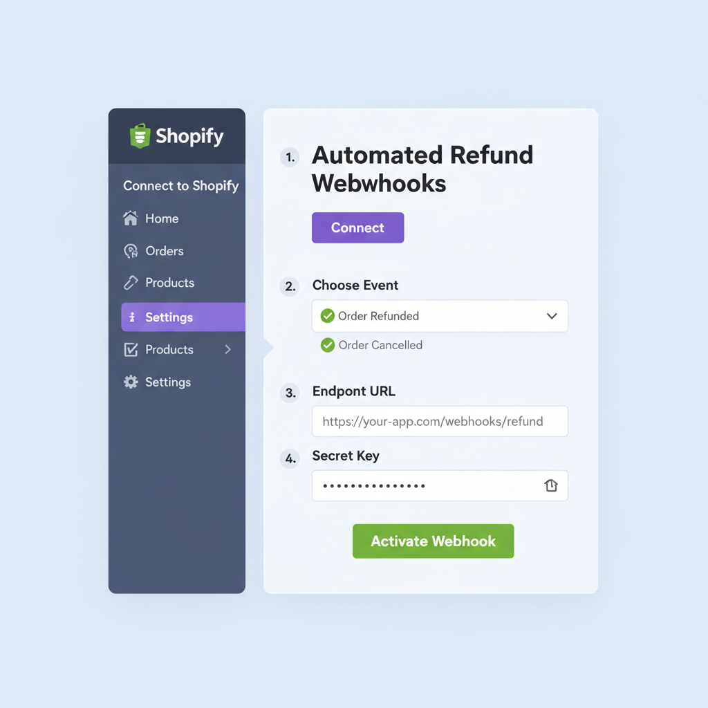 Webhook setup dashboard for refunds, integrated with Shopify admin