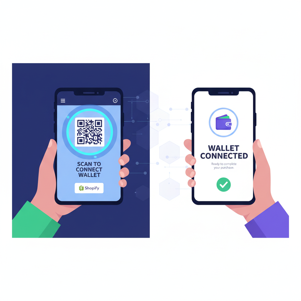 customer smartphone scanning QR code on Shopify checkout for wallet connect, dynamic split-view action, futuristic vibe